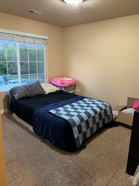 Bedroom with a textured ceiling and carpet