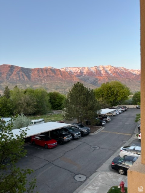Uncovered parking lot with a mountain view