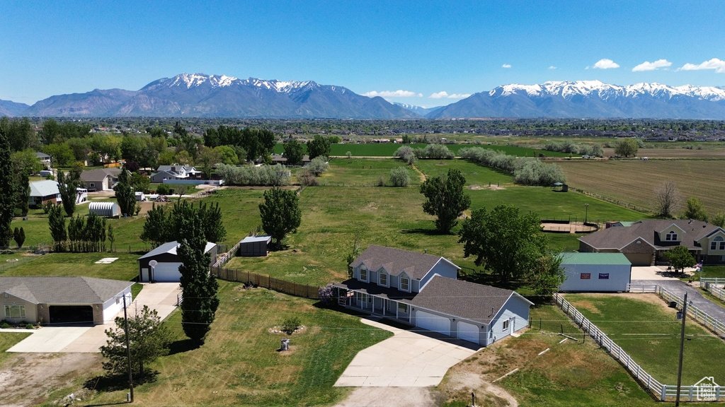 Overview of rural landscape with a mountain backdrop
