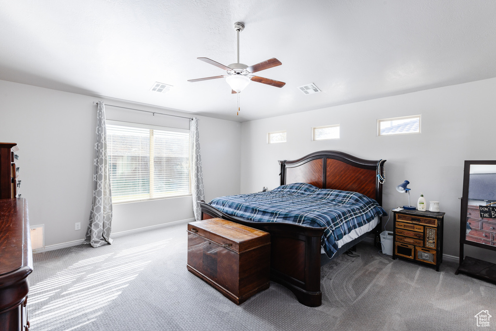 Bedroom with baseboards, visible vents, carpet floors, and multiple windows