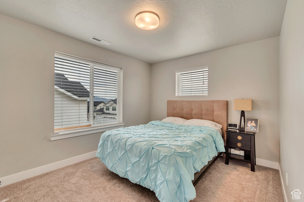 Carpeted bedroom featuring baseboards and a textured ceiling