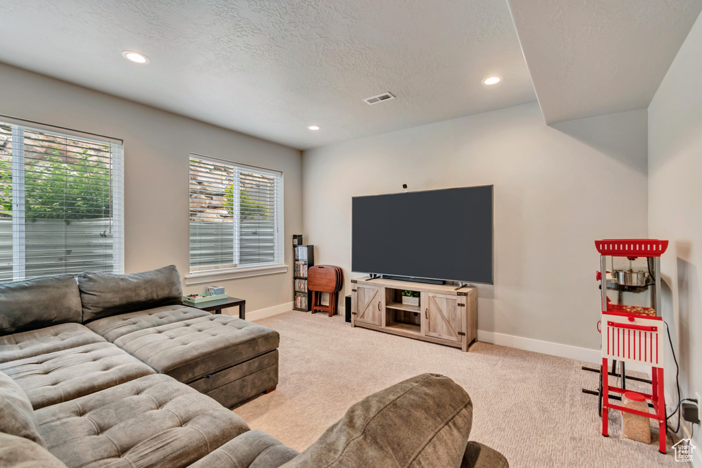 Carpeted living room with a textured ceiling, baseboards, and recessed lighting