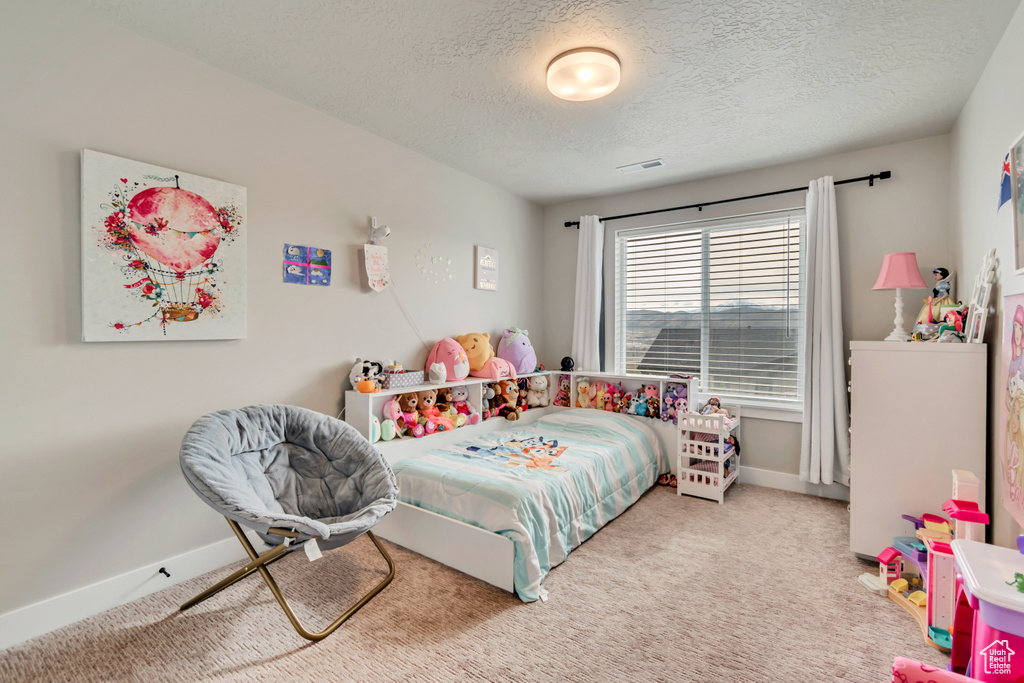 Bedroom with a textured ceiling, carpet, and baseboards