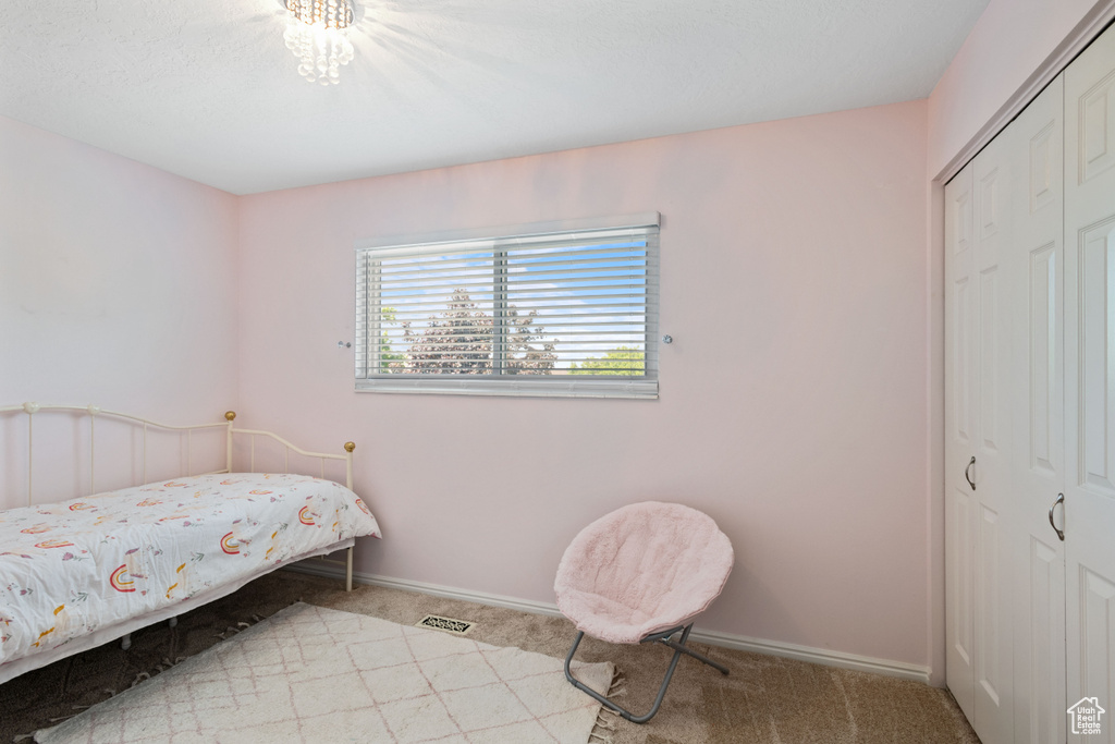 Bedroom featuring carpet flooring, a closet, and baseboards