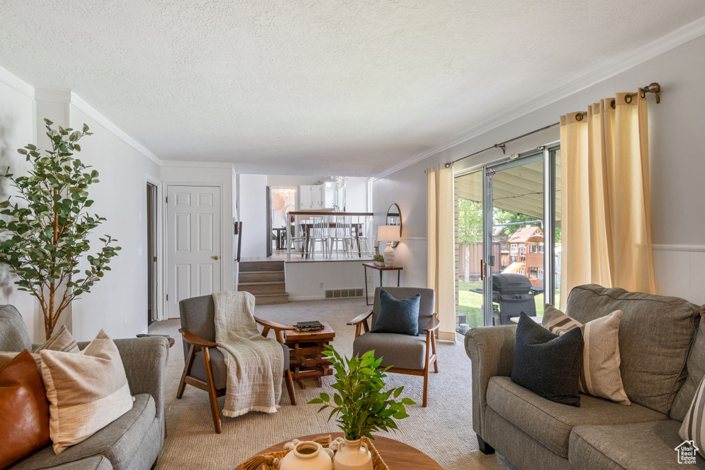 Living room featuring ornamental molding, carpet floors, a textured ceiling, and stairway