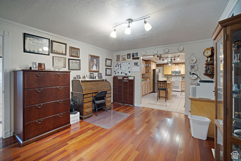 Office space with light wood-type flooring, rail lighting, crown molding, and a textured ceiling