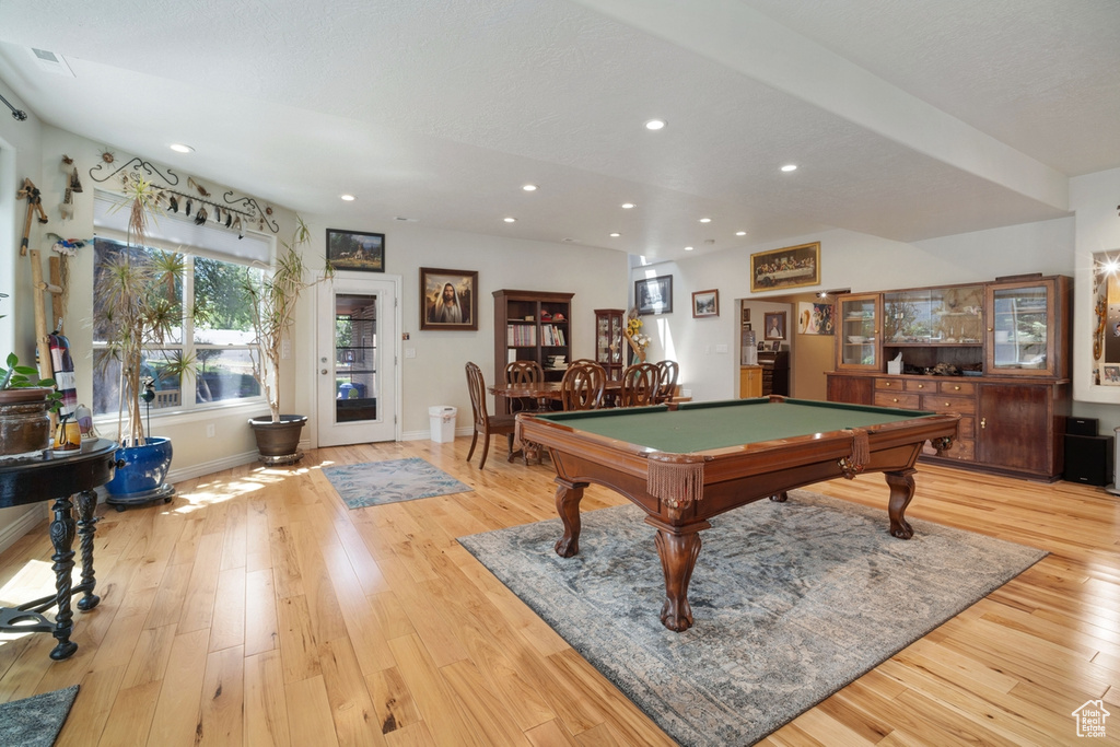 Rec room featuring billiards, light wood finished floors, baseboards, and recessed lighting