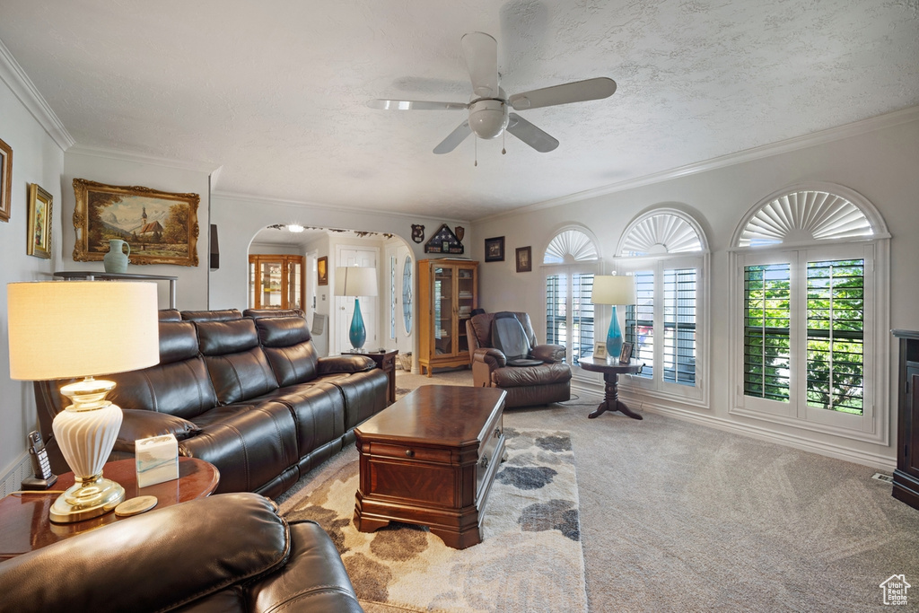Carpeted living room featuring arched walkways, ceiling fan, and ornamental molding