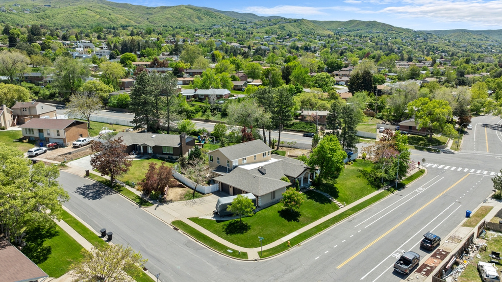 Aerial view of residential area with mountains