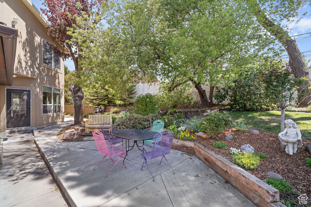 View of patio with outdoor dining space and a fenced backyard