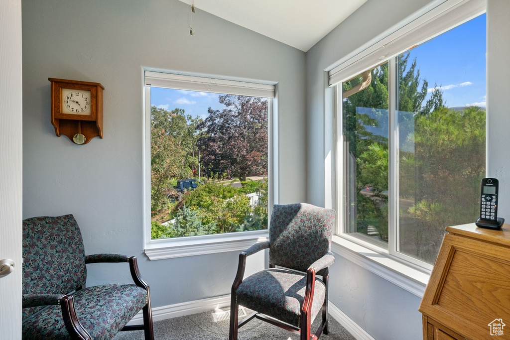 Sitting room featuring carpet flooring, baseboards, and lofted ceiling