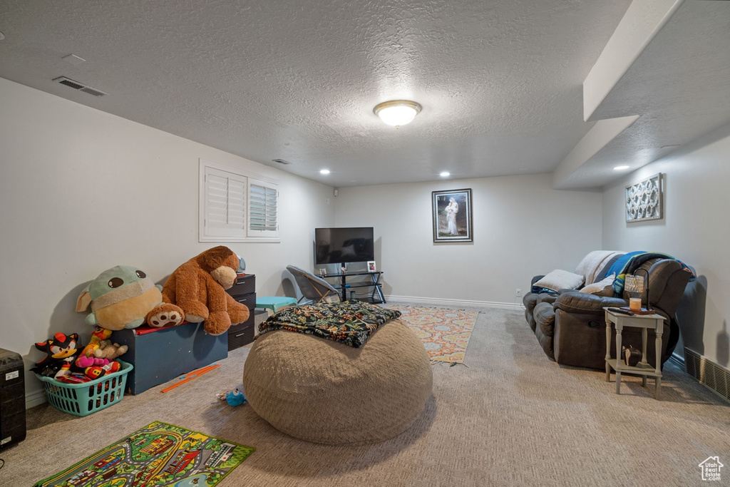 Recreation room with carpet, a textured ceiling, baseboards, and recessed lighting