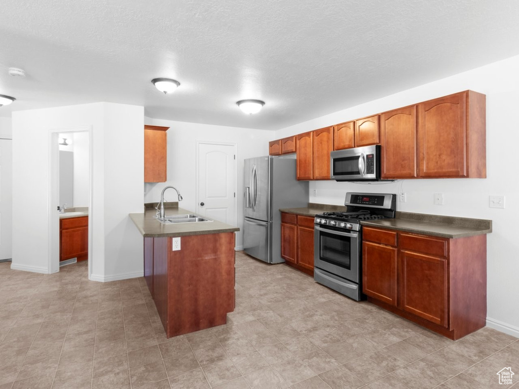 Kitchen with appliances with stainless steel finishes, a sink, dark countertops, a peninsula, and baseboards