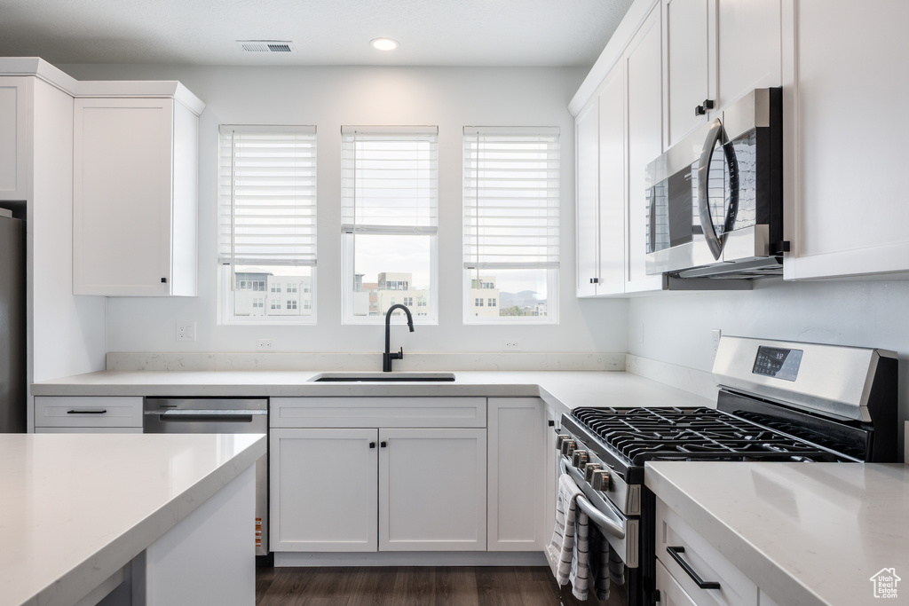 Kitchen with appliances with stainless steel finishes, a sink, white cabinetry, light countertops, and recessed lighting