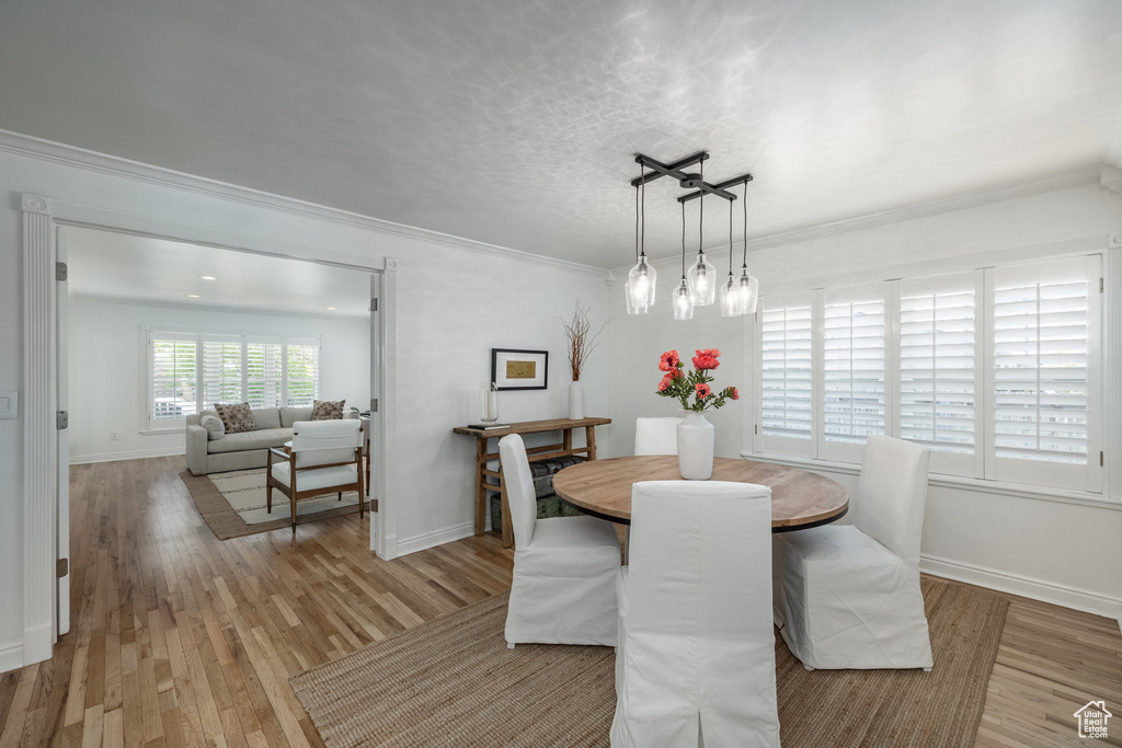 Dining room with light wood-type flooring, ornamental molding, and baseboards