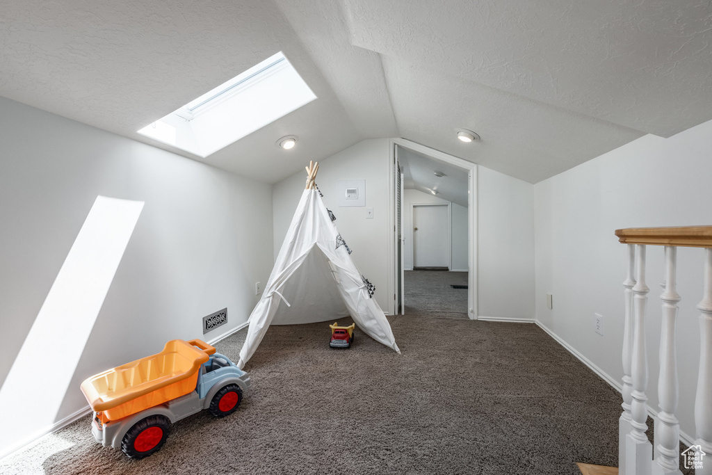 Playroom featuring a skylight, vaulted ceiling, carpet flooring, and a textured ceiling