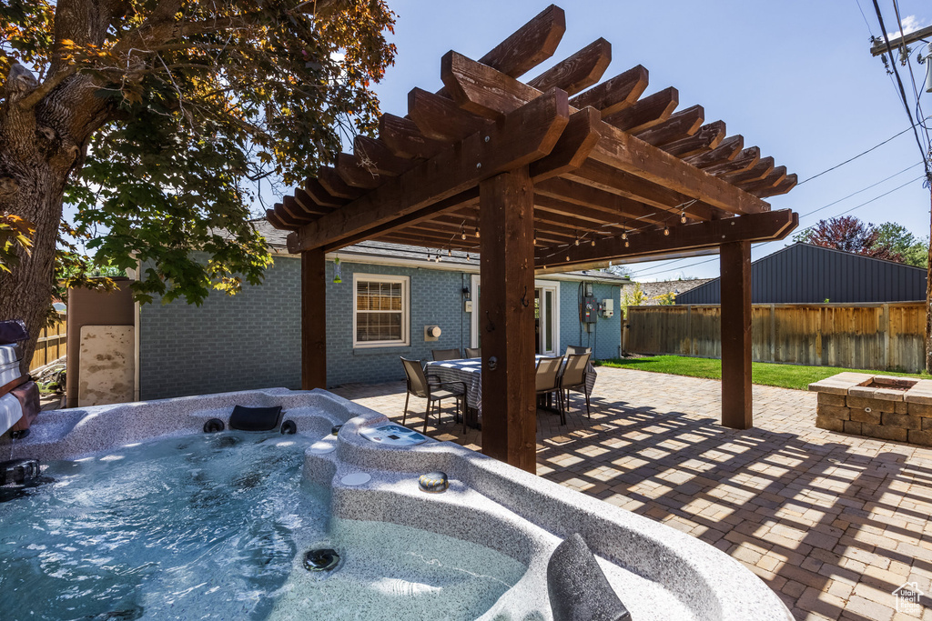 View of patio / terrace featuring a fenced backyard, a hot tub, and a pergola