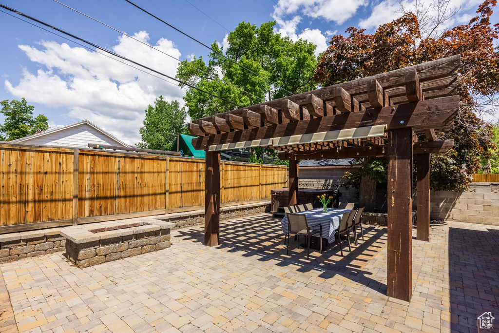 View of patio / terrace featuring a pergola, a fenced backyard, and outdoor dining area