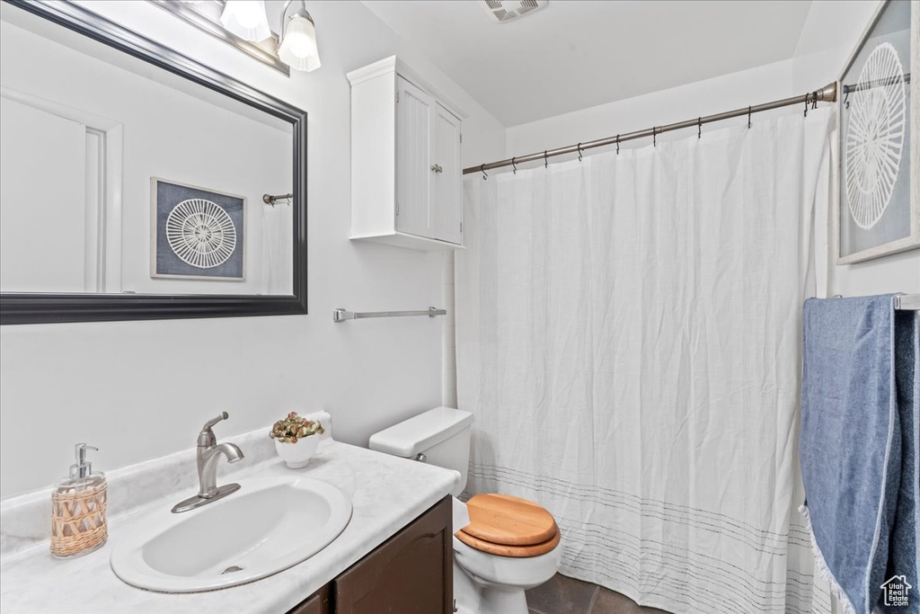 Full bathroom featuring toilet, vanity, and a shower with shower curtain