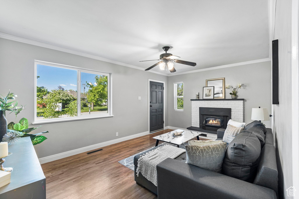 Living room featuring ceiling fan, baseboards, a fireplace, wood finished floors, and ornamental molding