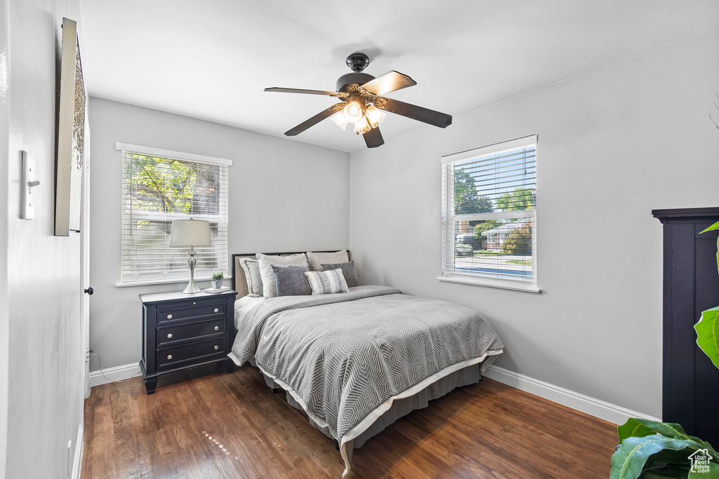 Bedroom with baseboards, multiple windows, and dark wood-style floors
