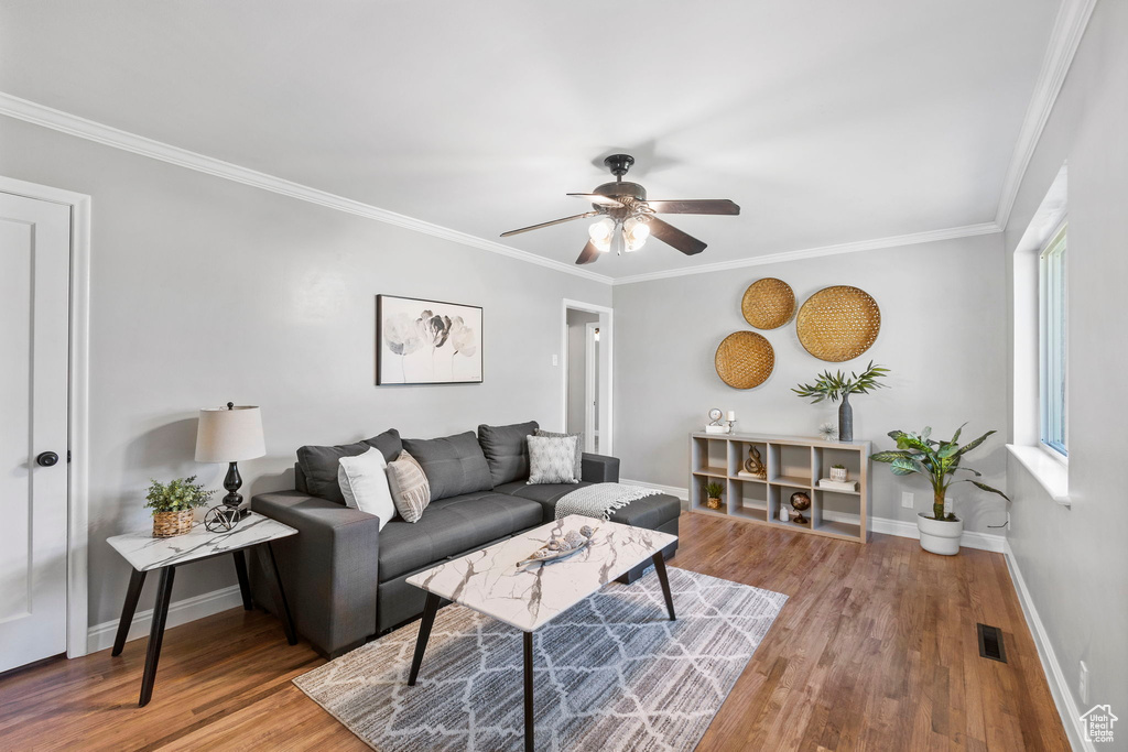 Living area with wood finished floors, a ceiling fan, baseboards, and ornamental molding