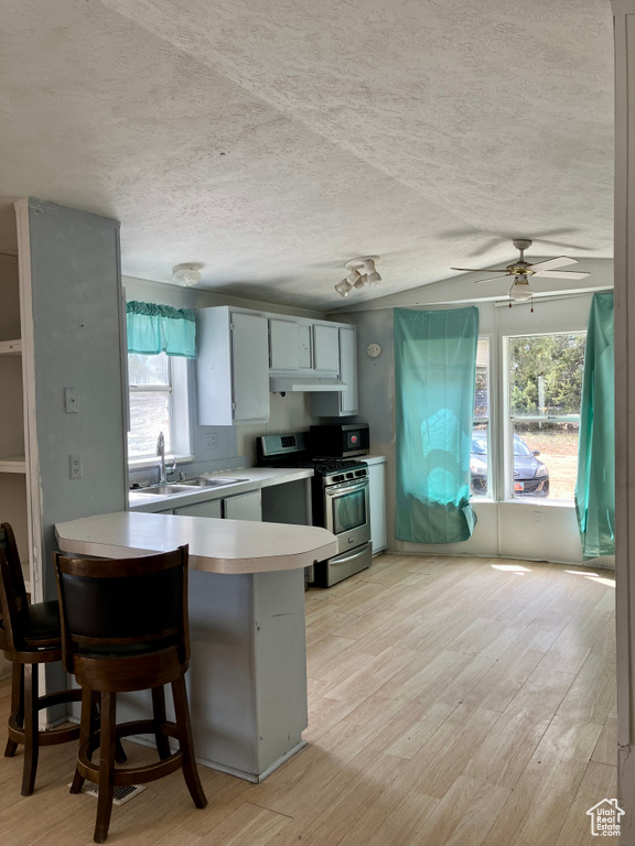 Kitchen with stainless steel gas stove, a sink, healthy amount of natural light, a peninsula, and a textured ceiling