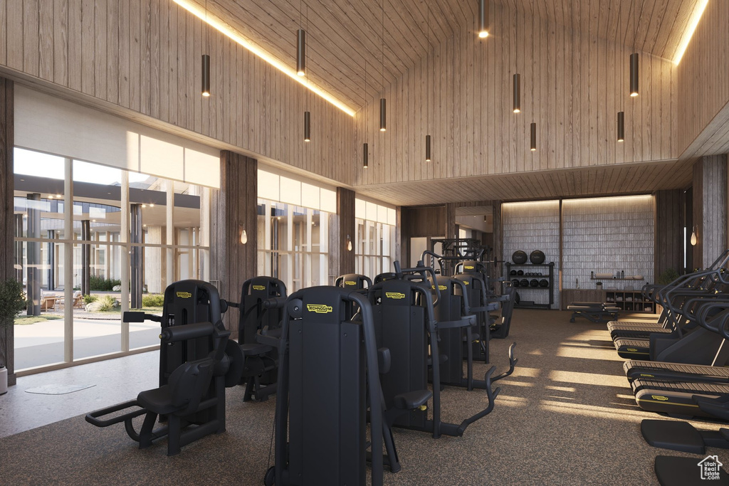 Workout area with high vaulted ceiling