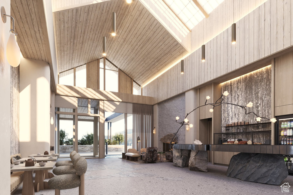 Lobby with a towering ceiling