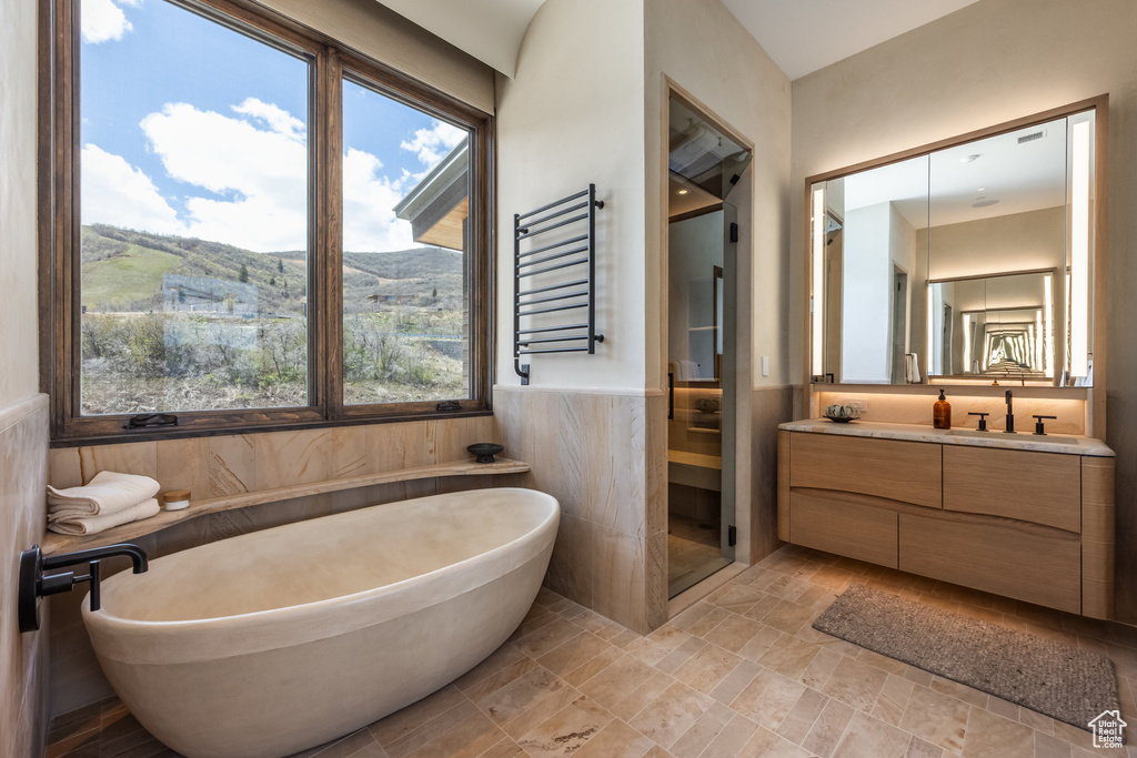 Bathroom featuring vanity, healthy amount of natural light, wainscoting, a freestanding tub, and a towel warmer