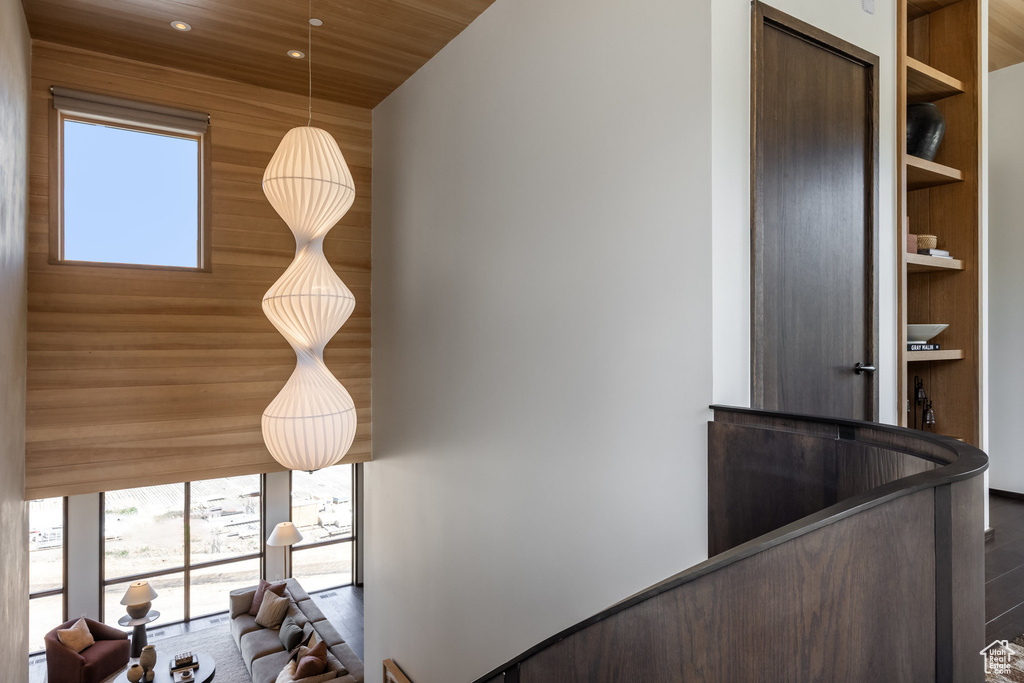 Detailed view of recessed lighting and wooden ceiling