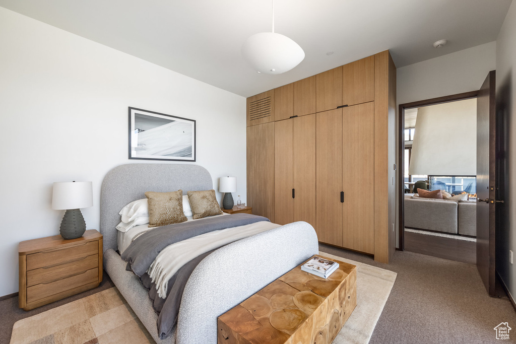 Bedroom with a closet and light colored carpet