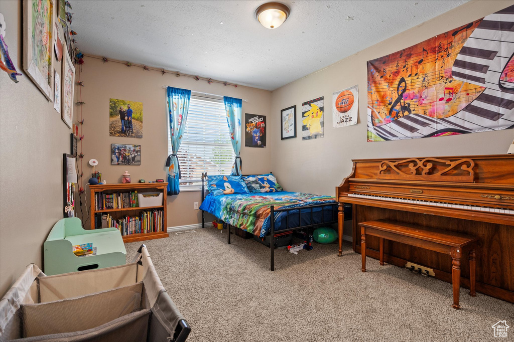 Bedroom featuring carpet floors, a textured ceiling, and baseboards