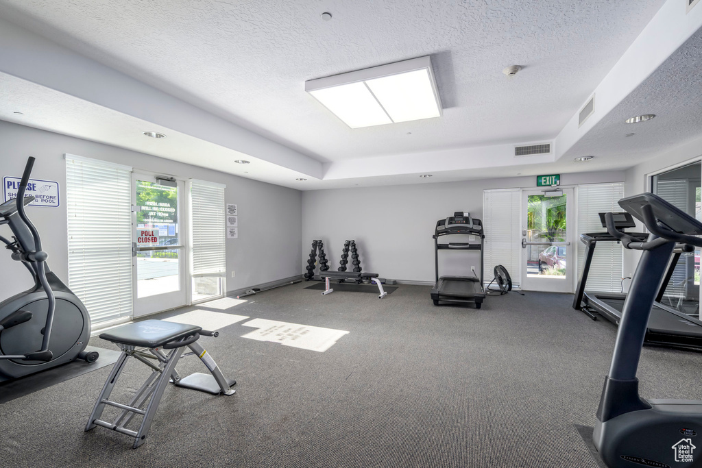 Workout area with plenty of natural light, a tray ceiling, and a textured ceiling