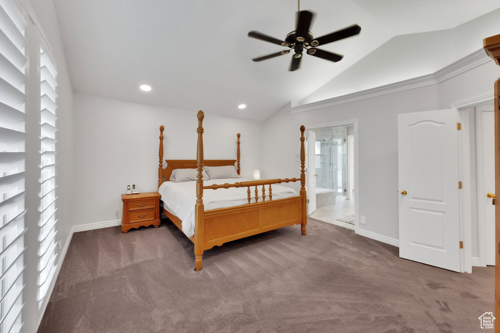 Bedroom featuring lofted ceiling, carpet, baseboards, recessed lighting, and ceiling fan