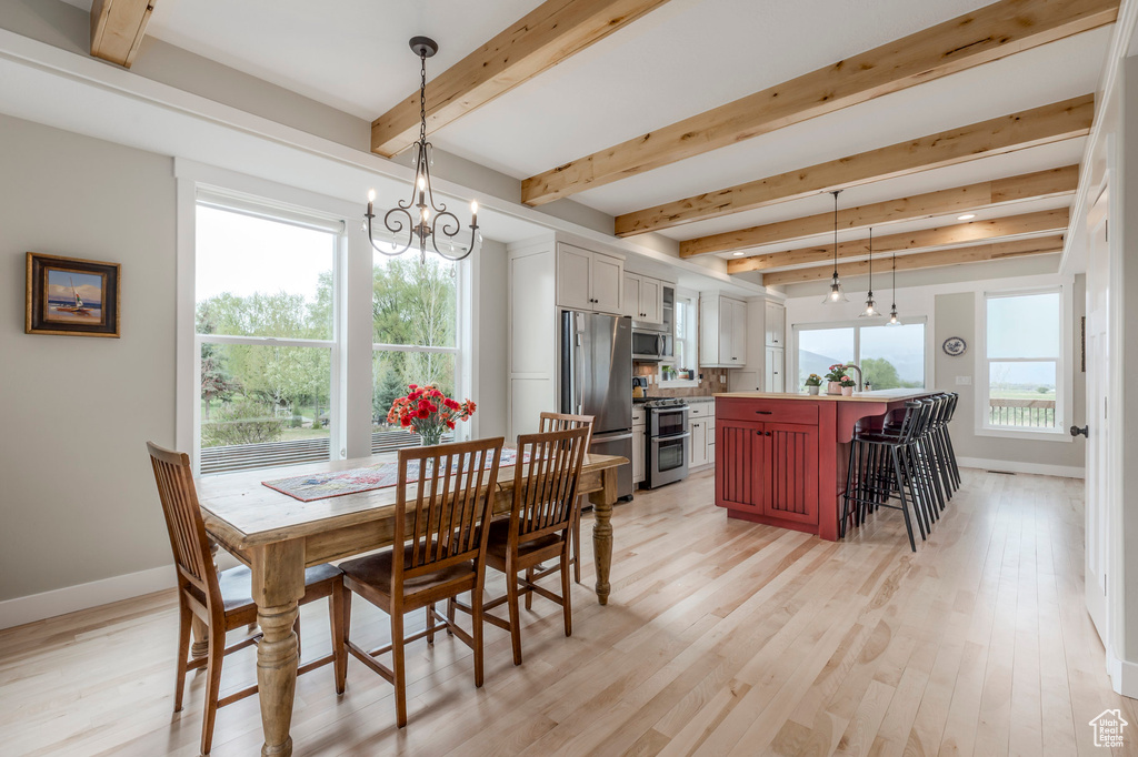 Dining room with a chandelier, baseboards, beam ceiling, and light wood-style floors