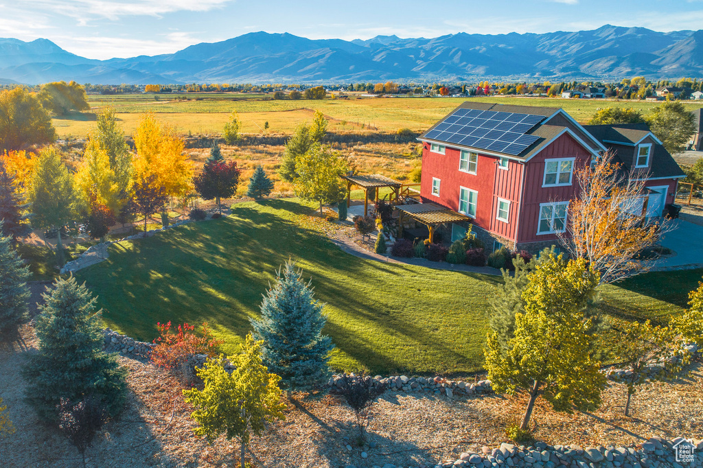 Overview of rural landscape featuring mountains