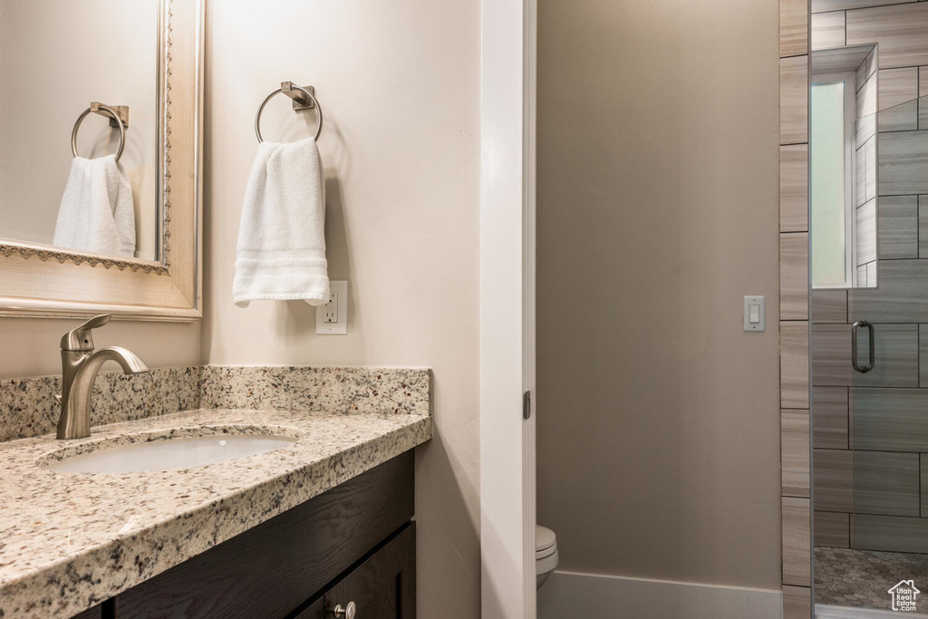 Full bathroom featuring a shower stall, toilet, and vanity