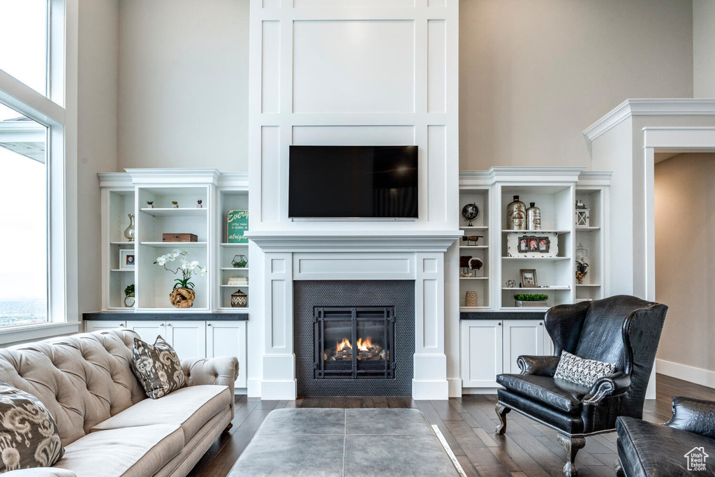 Living area with a fireplace with flush hearth and dark wood-style floors