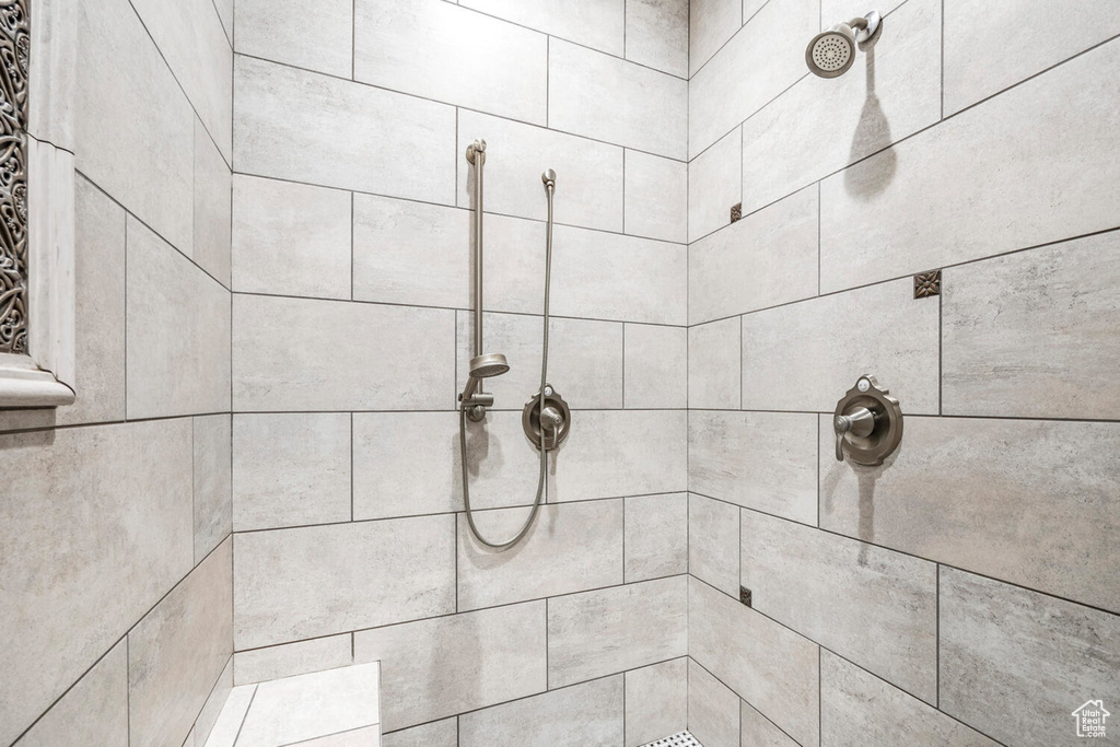 Bathroom view of a tile shower