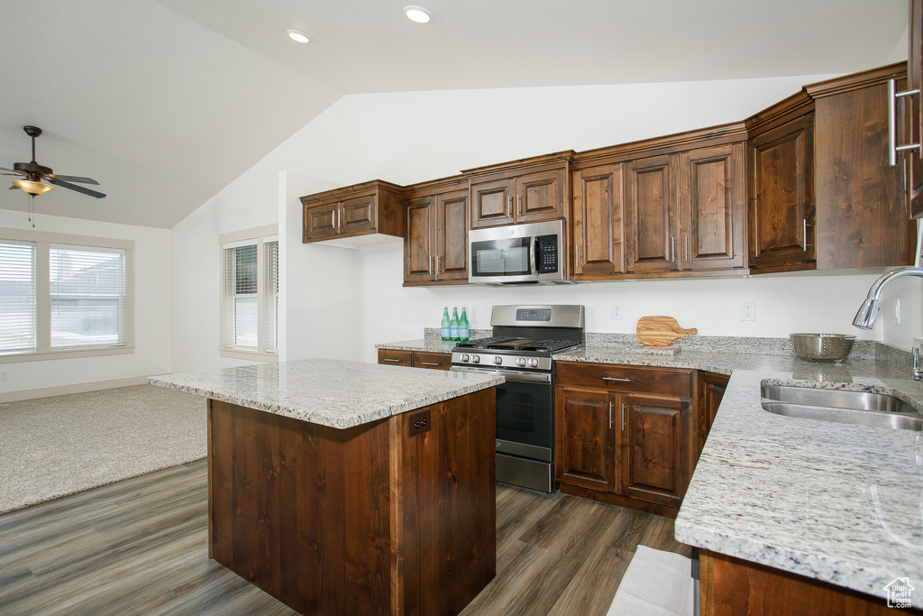 Kitchen with stainless steel appliances, a sink, lofted ceiling, dark wood-style flooring, and a ceiling fan