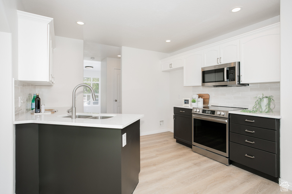 Kitchen with stainless steel appliances, a sink, white cabinets, light wood finished floors, and backsplash