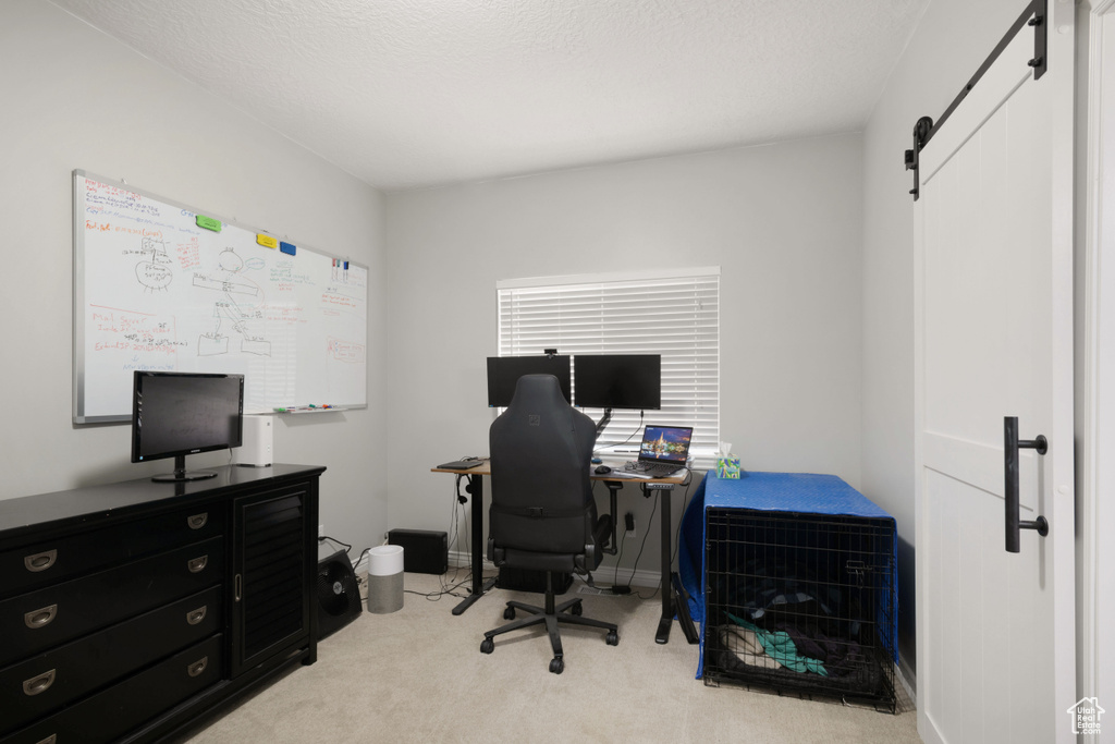 Carpeted home office featuring a barn door