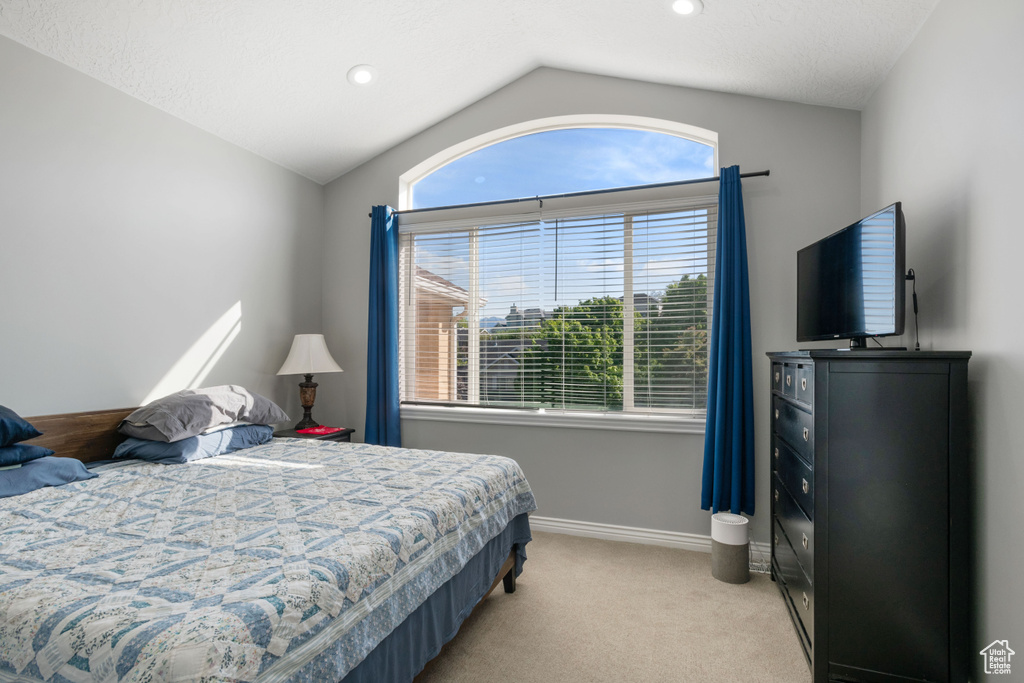 Bedroom featuring lofted ceiling, light carpet, baseboards, and recessed lighting