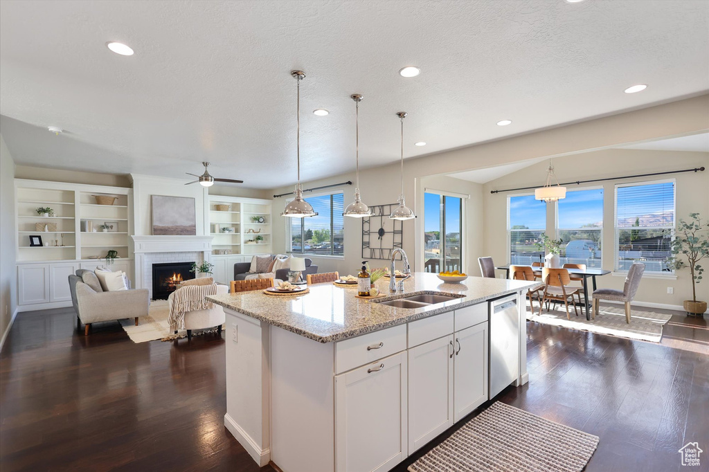 Kitchen with a sink, dishwasher, a lit fireplace, dark wood-style floors, and recessed lighting
