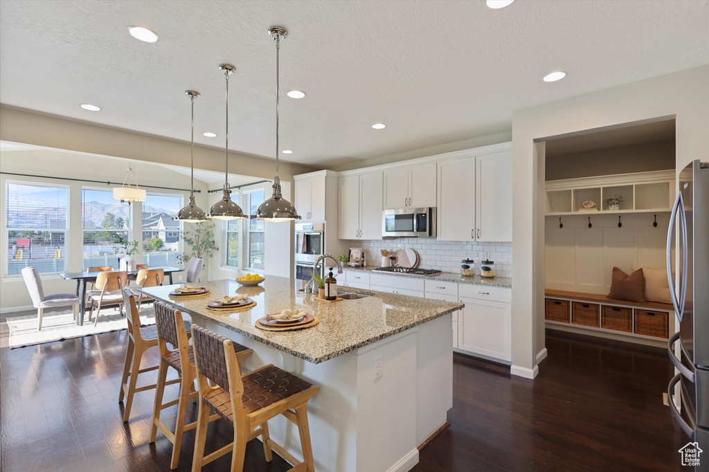 Kitchen with appliances with stainless steel finishes, a sink, dark wood-type flooring, white cabinets, and recessed lighting