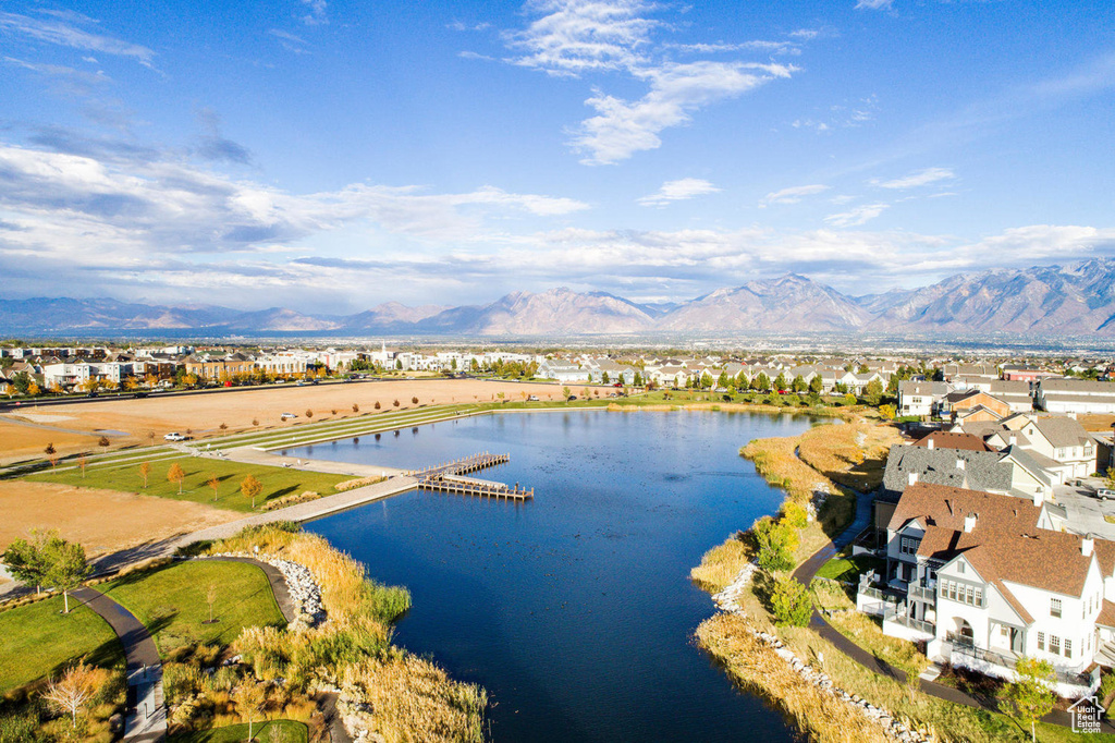 Aerial view of residential area with a water and mountain view