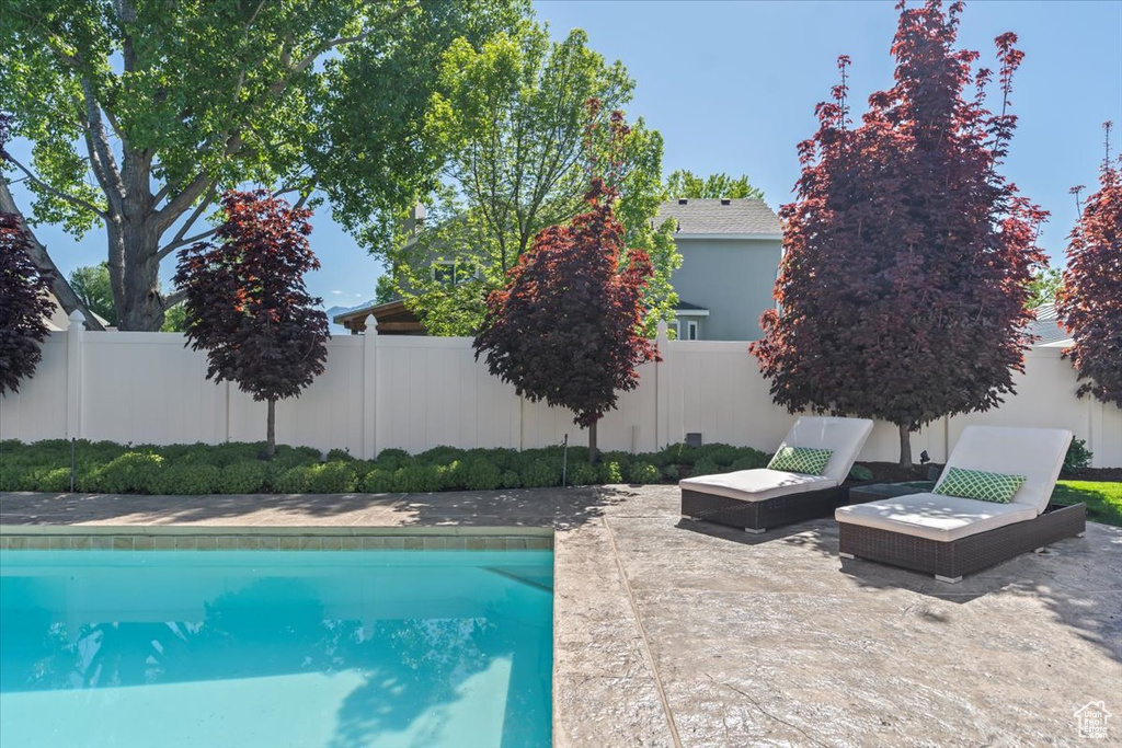 View of pool with a fenced backyard and a patio