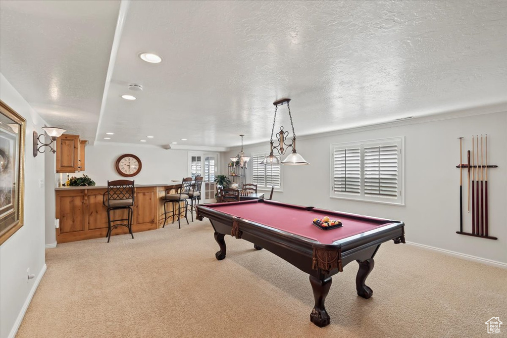Rec room featuring a dry bar, billiards, light colored carpet, baseboards, and recessed lighting