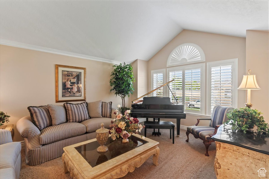 Carpeted living room featuring lofted ceiling and baseboards